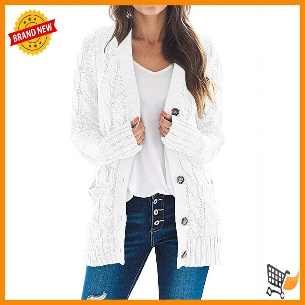 Long Sleeve Cable Knit Open Front Cardigan Button Loose Fit